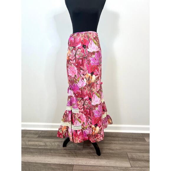 Isla & White Berta Summer Floral Caribbean Midi Skirt in Pink Multi Medium Lined - Picture 1 of 4